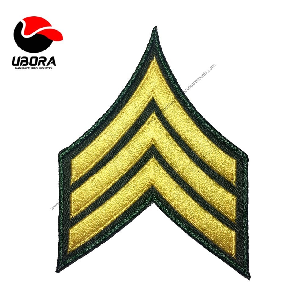 chevron 3 Stripes US Rank Sew on Iron on Arms Shoulder Embroidered Applique Patch - Gold on Green